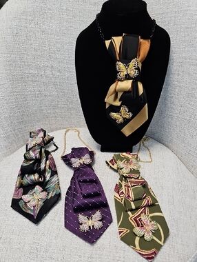 Custom Made Necktie Necklaces w Embellished Detachable Butterfly Pendants